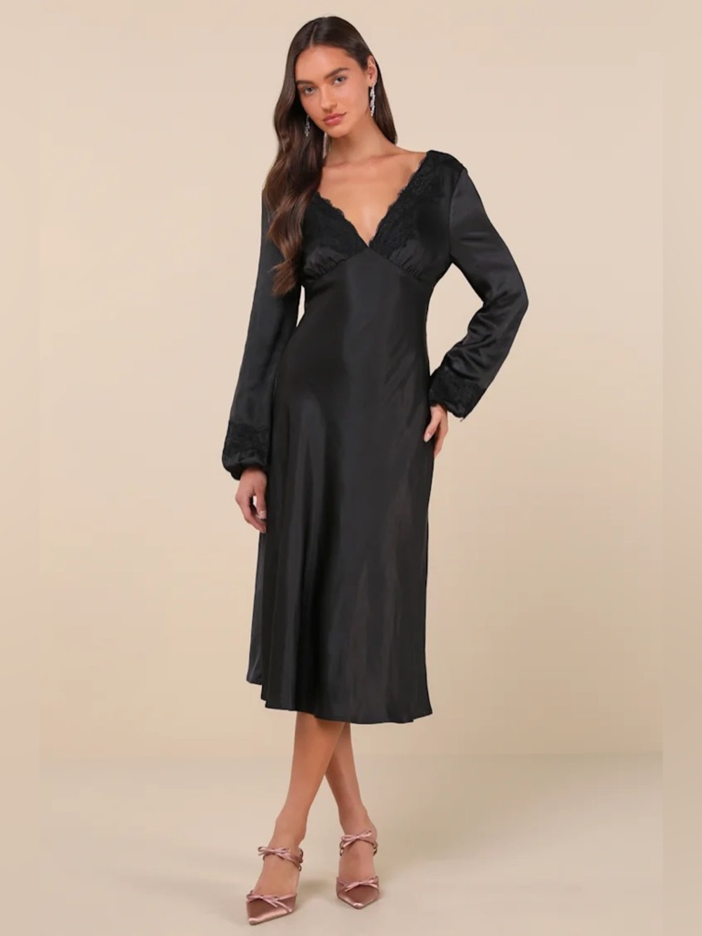 Illustrious Elegance Black Satin Long Sleeve Midi Dress